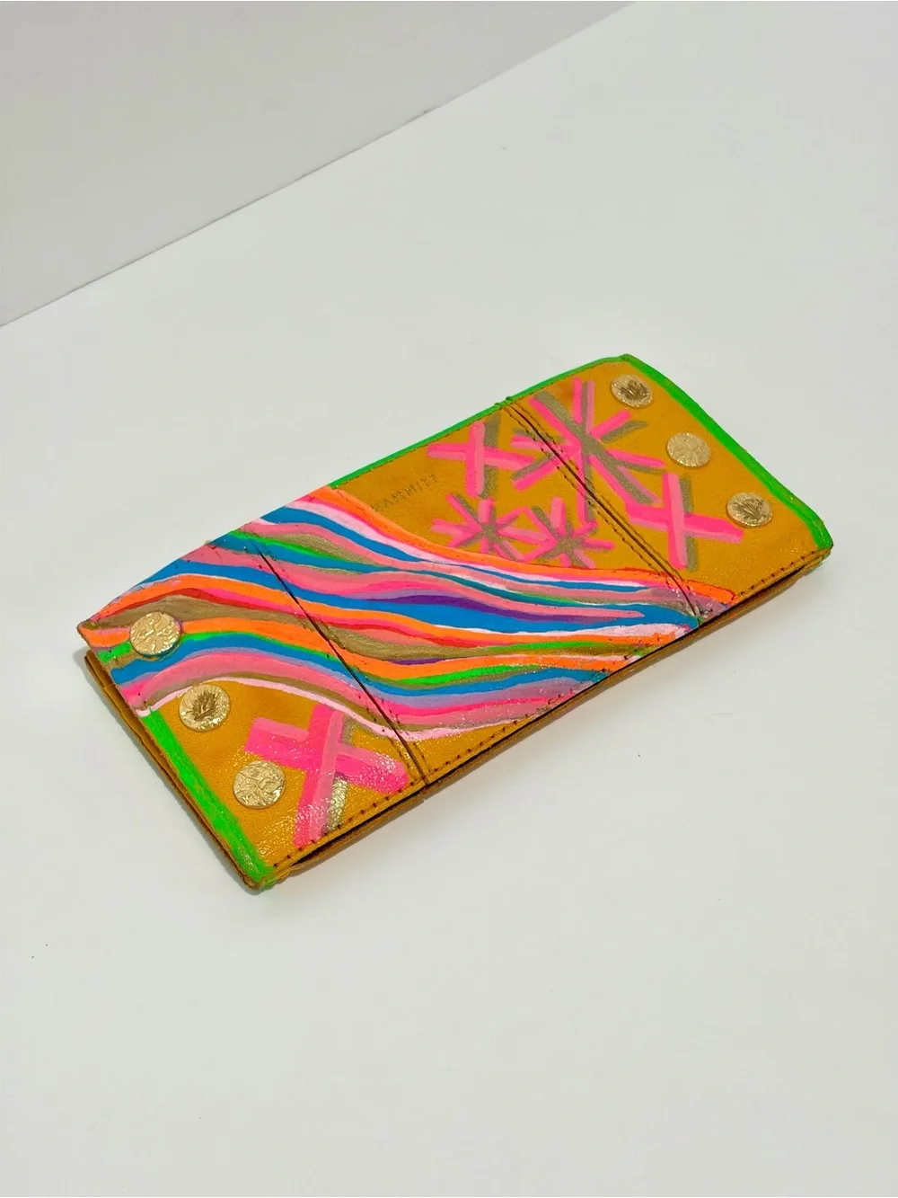 HAMMITT 110 North In Tangerine/Brushed Gold Hammered Rivets Hand Painted Wallet
